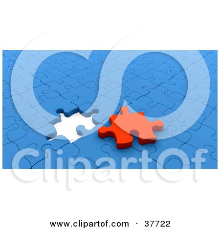 Clipart Illustration of a Red Puzzle Piece On Top Of A Nearly Completed Blue Puzzle by KJ Pargeter