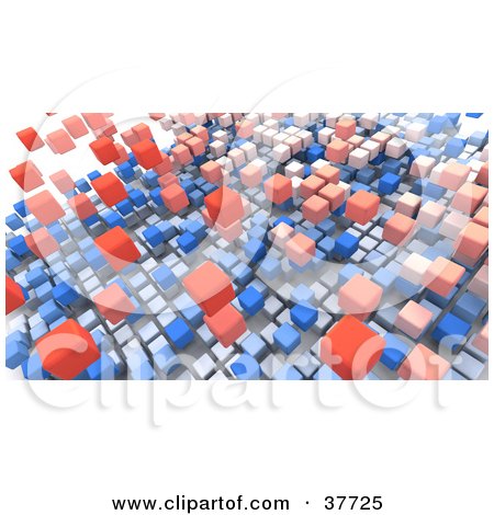 Clipart Illustration of a Background Of Floating Red And Blue Boxes On White by KJ Pargeter
