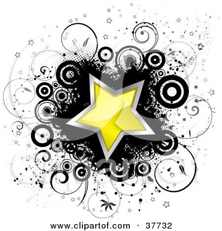 Clipart Illustration of a Shiny Yellow Star Trimmed In Chrome, On A Black Splatter With Circles, Stars And Vines by KJ Pargeter