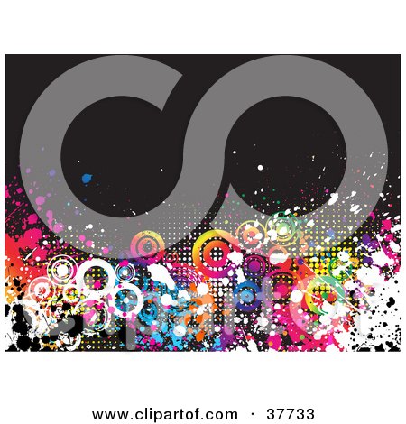 Clipart Illustration of a Black Background With Colorful Splatters, Dots And Circles by KJ Pargeter