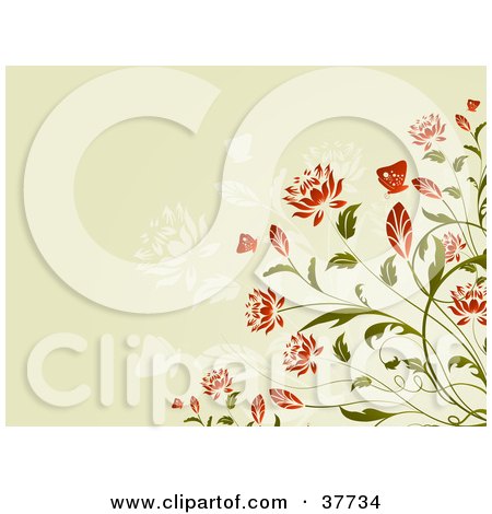 Clipart Illustration of a Red Flowering Plant With Butterflies On A Beige Background by KJ Pargeter