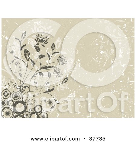 Clipart Illustration of a Floral Grunge Background Of Brown Circles And Flowers With Scratches On Beige by KJ Pargeter