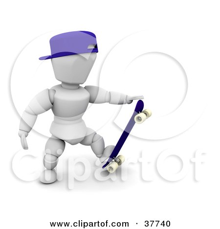 Clipart Illustration of a 3d White Character In A Hat, Stepping On His Skateboard And Grasping The Tip by KJ Pargeter