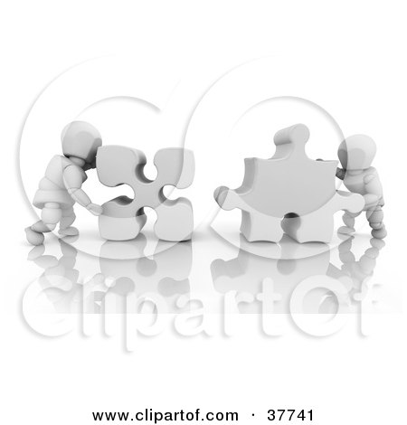 Clipart Illustration of 3d White Characters Pushing Two Jigsaw Puzzle Pieces Together To Fit by KJ Pargeter