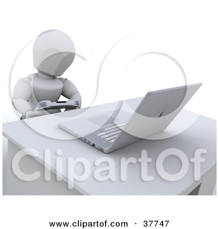 Clipart Illustration of a 3d White Character Playing A Video Game With A Controller And Laptop Computer by KJ Pargeter