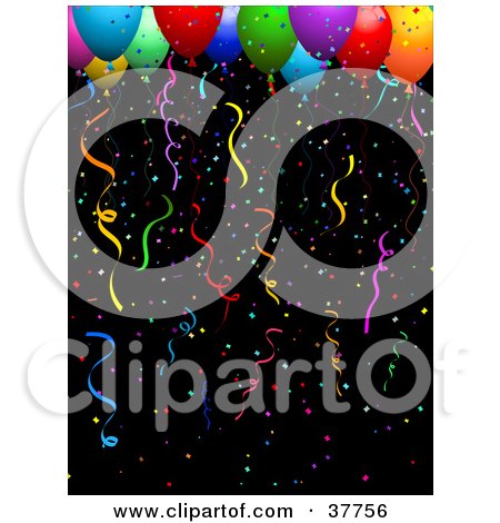 Clipart Illustration of Colorful Confetti And Helium Filled Balloons And Streamers On A Black Background by KJ Pargeter