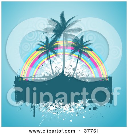 Clipart Illustration of a Dripping Grunge Text Box With Three Palm Trees And A Rainbow, On A Blue Background With Faint Circles by KJ Pargeter
