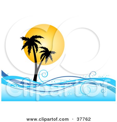 Clipart Illustration of a Sun Silhouetting Palm Trees On An Island, With Blue Waves by KJ Pargeter