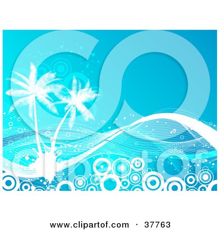 Clipart Illustration of a Blue Background With White Palm Trees, Splatters, Circles And Waves by KJ Pargeter