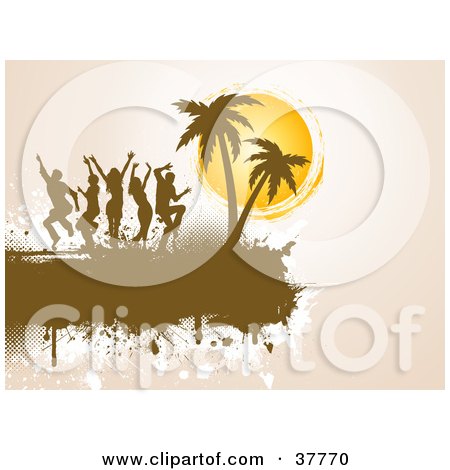 Clipart Illustration of Silhouetted People Dancing Near Palm Trees On A Grunge Brown Text Box Over Beige by KJ Pargeter