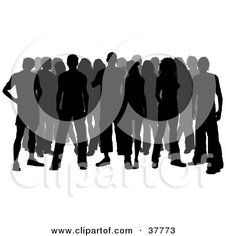 Clipart Illustration of a Very Large Crowd Of Gray And Black Silhouetted Adults Standing by KJ Pargeter