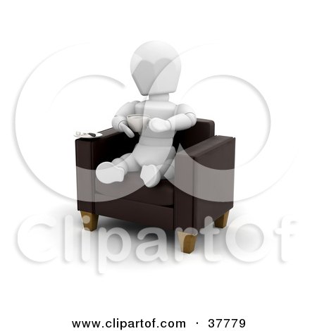Clipart Illustration of a 3d White Character Drinking Coffee While Sitting In A Cafe Chair by KJ Pargeter