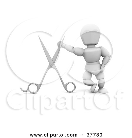 Clipart Illustration of a 3d White Character Hairdresser Standing With A Giant Pair Of Scissors by KJ Pargeter