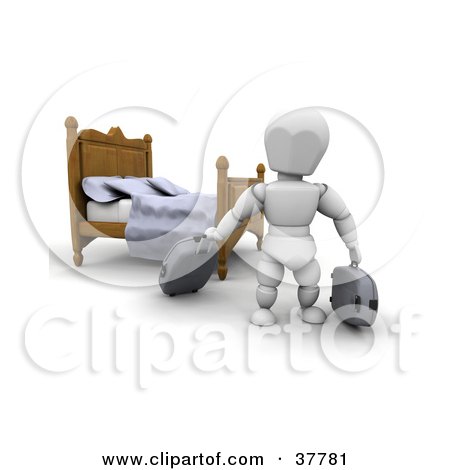 Clipart Illustration of a 3d White Character With Luggage Near A Bed In A Hotel Room by KJ Pargeter
