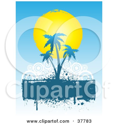 Clipart Illustration of a Yellow Sun Behind Blue Silhouetted Palm Trees On A Blank Text Box, With White Circles On A Blue Background by KJ Pargeter