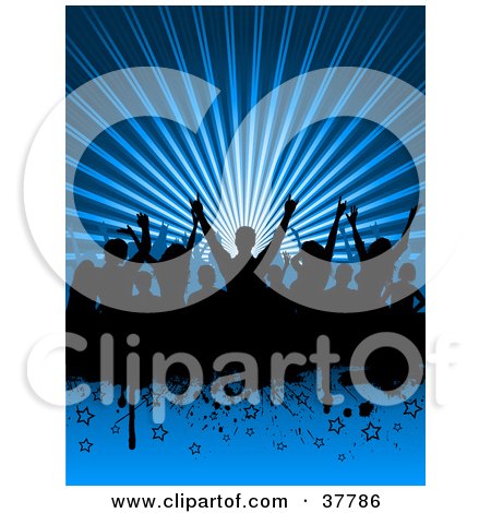 Clipart Illustration of a Black Silhouetted Dancing Crowd On A Bursting Blue Background With Stars by KJ Pargeter