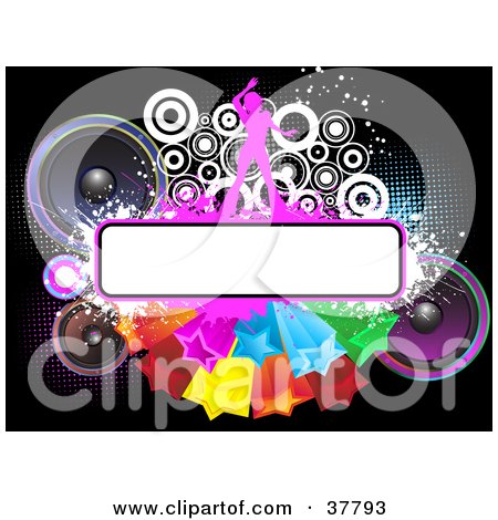 Clipart Illustration of a Person Dancing On A White Text Box On A Cluster Of Stars With Speakers And Circles by KJ Pargeter