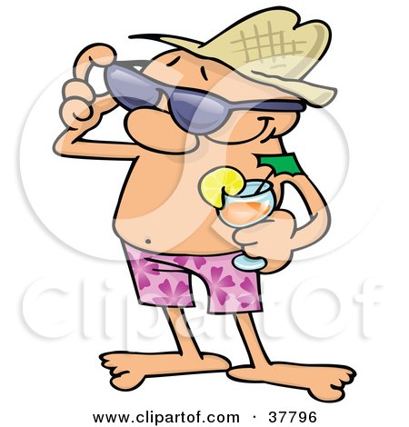 Clipart Illustration of a Relaxed Guy In Shorts, Holding A Cocktail And Adjusting His Sunglasses While On Vacation by gnurf