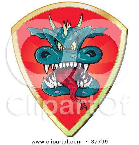Clipart Illustration of a Red Shield With A Dragon Head And Gold Trim by Paulo Resende