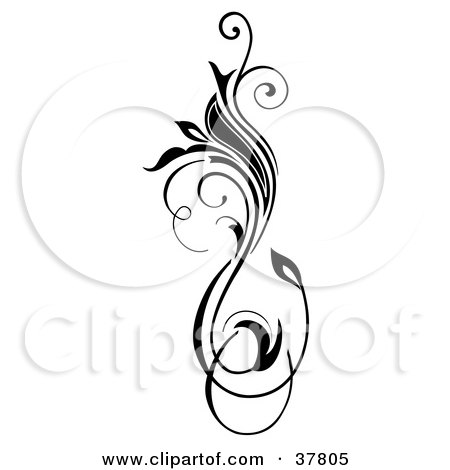 Clipart Illustration of a Black Vertical Flourish With A Blooming Flower by OnFocusMedia