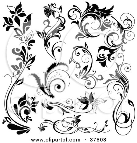 Clipart Illustration of Black Flowers And Flourishes by OnFocusMedia