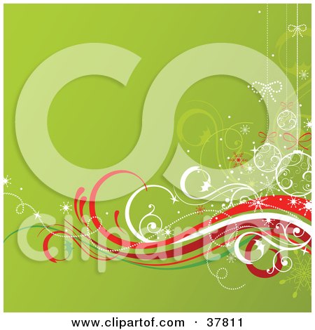 Clipart Illustration of a Green Christmas Background With Waves Of Red And White And White Ornaments by OnFocusMedia