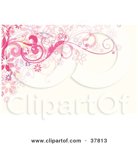 Clipart Illustration of a Grunge Textured Pink And Purple Floral Corner by OnFocusMedia