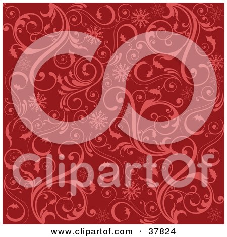 Clipart Illustration of a Red Floral Patterned Background With Scrolls And Snowflakes by OnFocusMedia