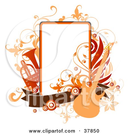 Clipart Illustration of a Guitar, Trumpet And Vines Around An Orange Text Box With A Brown Banner by OnFocusMedia