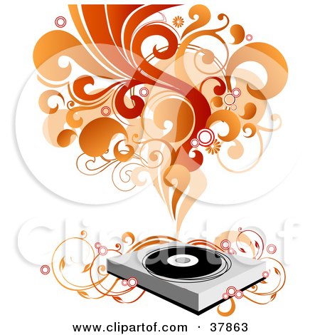 Clipart Illustration of a Record Player With Vines, Red And Orange Waves Of Sound And Circles by OnFocusMedia