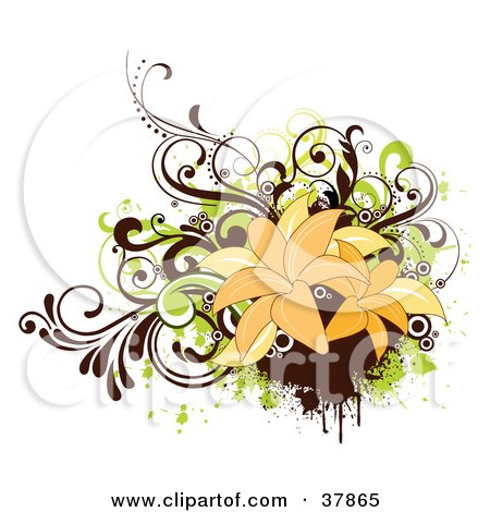 Clipart Illustration of a Bouquet Of Orange Lilies And Brown And Green Vines, With Circles And Grunge Splatters by OnFocusMedia