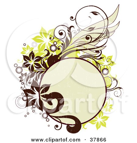 Clipart Illustration of a Blank Beige Circle With Brown And Green Vines And Flowers by OnFocusMedia