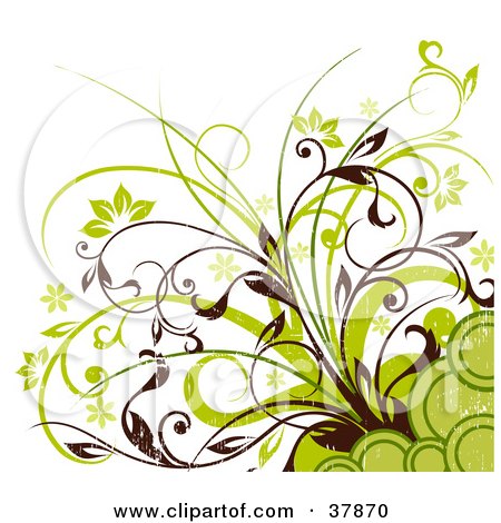 Clipart Illustration of a Green And Brown Corner Of Flowers, Plants And Circles by OnFocusMedia
