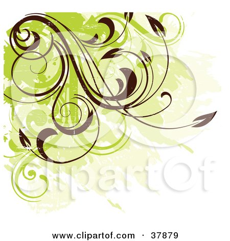Clipart Illustration of a Corner Of Green And Brown Grunge And Vines by OnFocusMedia