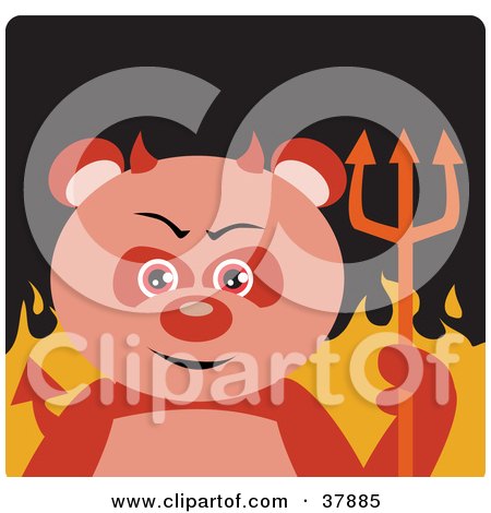 Clipart Illustration of a Panda Bear Devil With Horns And A Pitchfork, Standing In Flames by Dennis Holmes Designs