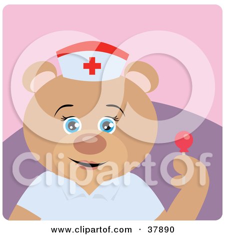 Clipart Illustration of a Friendly Teddy Bear Nurse Holding A Sucker by Dennis Holmes Designs
