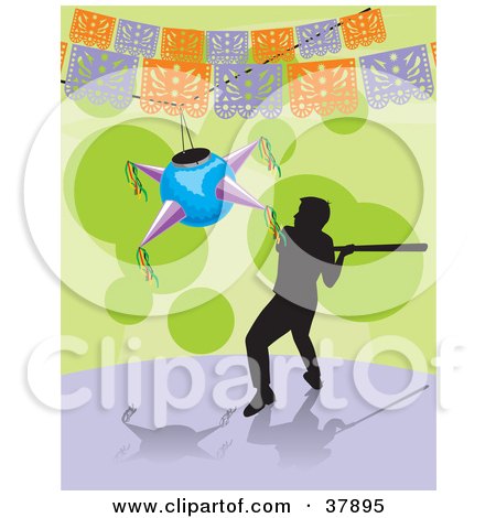 Clipart Illustration of a Silhouetted Boy Swinging At A Pinata With A Bat During A Celebration by David Rey