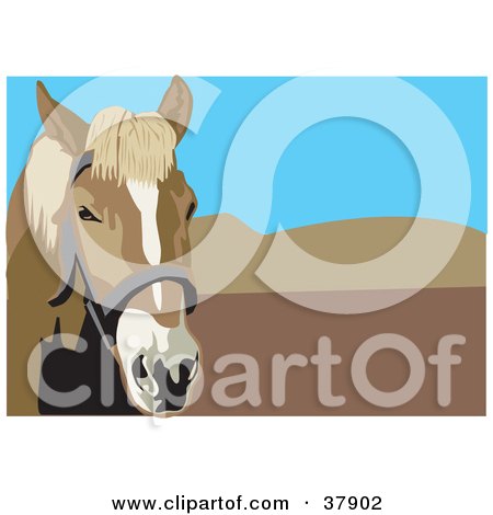 Clipart Illustration of a Curious Bridled Horse With Mountains And Blue Sky In The Background by David Rey