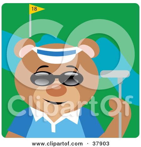 Clipart Illustration of a Golfer Bear Wearing Shades And Standing With A Club On A Golf Course by Dennis Holmes Designs
