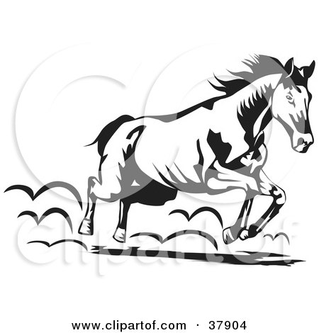 Clipart Illustration of a Black And White Running Horse by David Rey