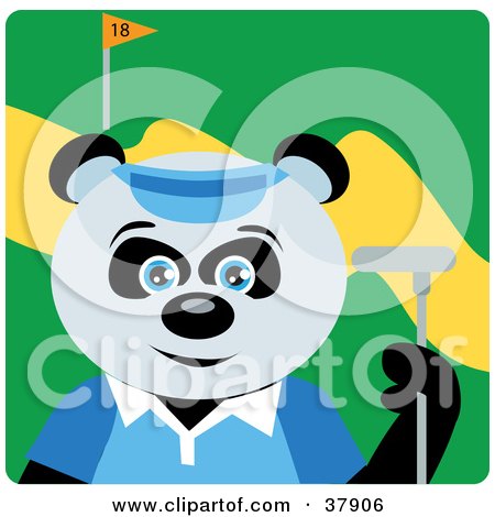 Clipart Illustration of a Giant Panda Bear In A Blue Shirt And Visor Hat, Holding A Club While Golfing by Dennis Holmes Designs