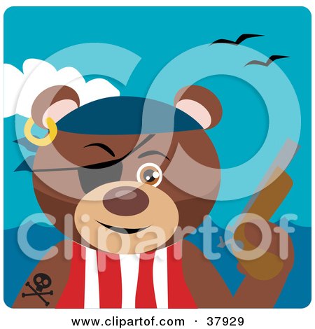 Clipart Illustration of a Pirate Teddy Bear Wearing An Eye Patch And Holding A Pistil by Dennis Holmes Designs