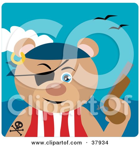 Clipart Illustration of a Teddy Bear Pirate Wearing An Eye Patch And Holding A Pistil by Dennis Holmes Designs