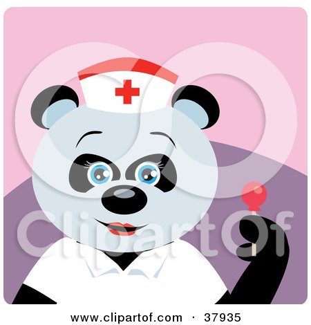 Clipart Illustration of a Friendly Panda Bear Nurse Holding A Sucker by Dennis Holmes Designs