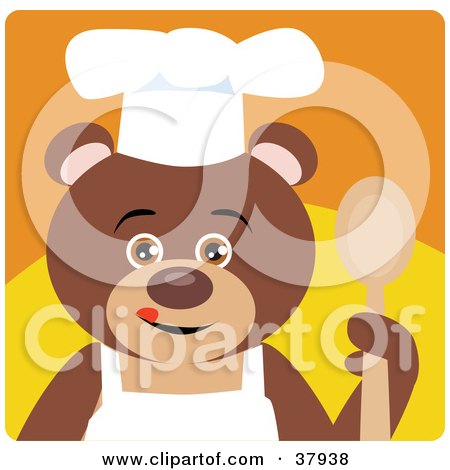 Clipart Illustration of a Brown Teddy Bear In An Apron And Chefs Hat, Holding A Spoon by Dennis Holmes Designs