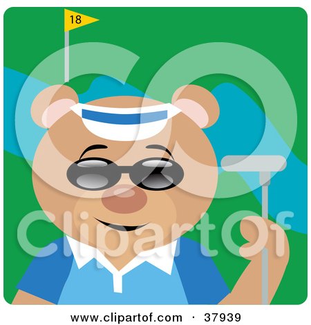 Clipart Illustration of a Teddy Bear In Shades, A Blue Shirt And Visor Hat, Holding A Club While Golfing by Dennis Holmes Designs