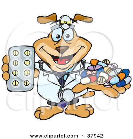 Clipart Illustration of a Pharmacist Dog Wearing A Stethoscope And Holding Out Medications by Dennis Holmes Designs