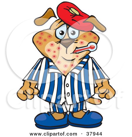 Clipart Illustration of a Brown Dog Sick With The Chicken Pox, Wearing A Cold Pack On His Head And Biting A Thermometer In His Mouth by Dennis Holmes Designs