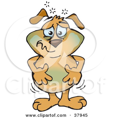 Clipart Illustration of a Nauseated Dog Turning Green And Holding His Tummy by Dennis Holmes Designs