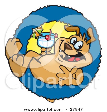 Clipart Illustration of a Pre-Made Logo Of A Cool Sparkey Dog Drinking A Cocktail In A Blue Ring by Dennis Holmes Designs